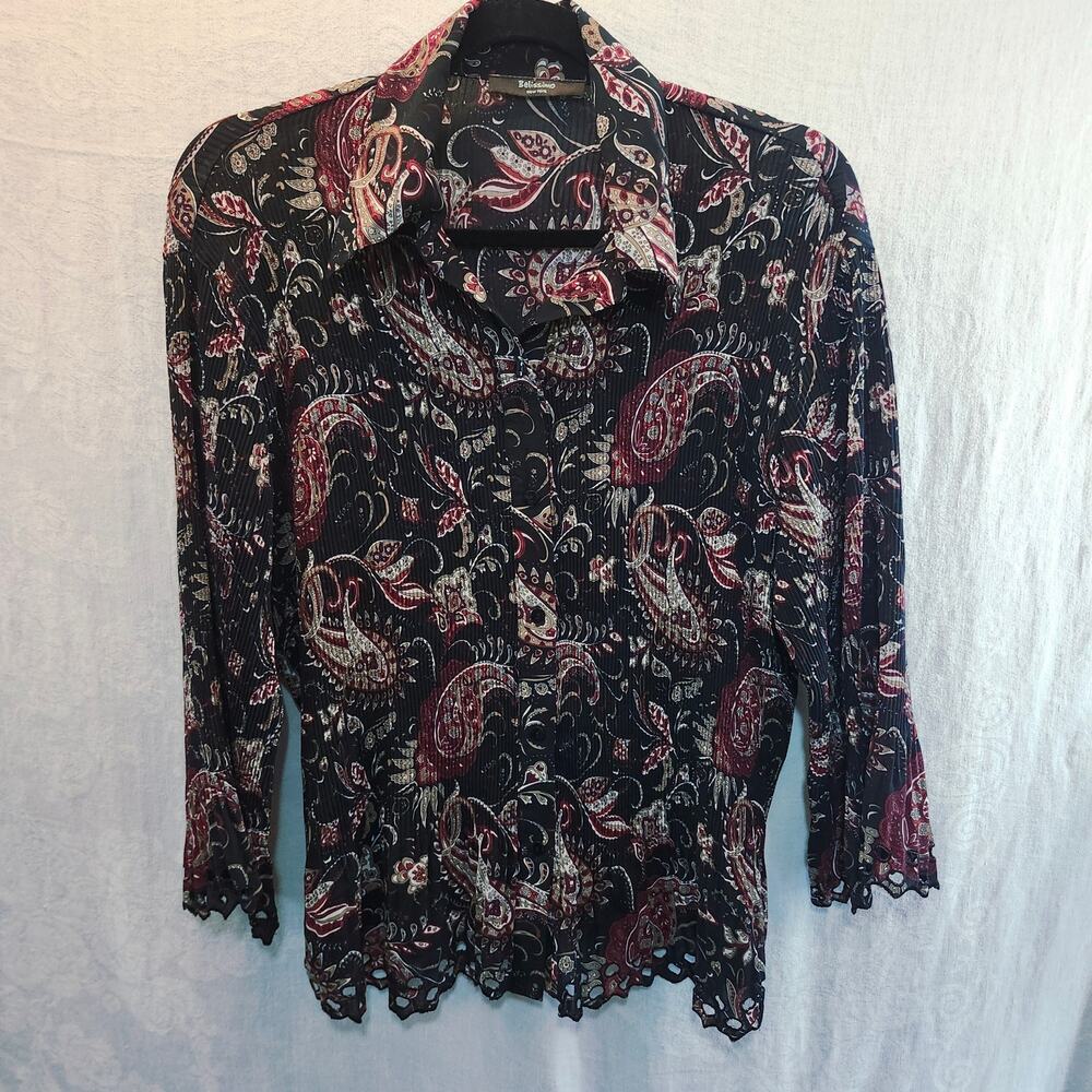 Bellisimo Sz Medium Pleated Black Floral Long Sleeve Office Siren Shirt